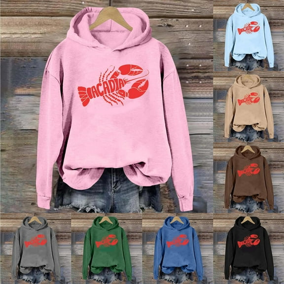 Vintage Lobster Print Sweatshirt Graphic Sweatshirts For Women Crewneck Long Sleeve Pullover Cinch Waist Tops Fall Trendy Clothes (Black,Large)