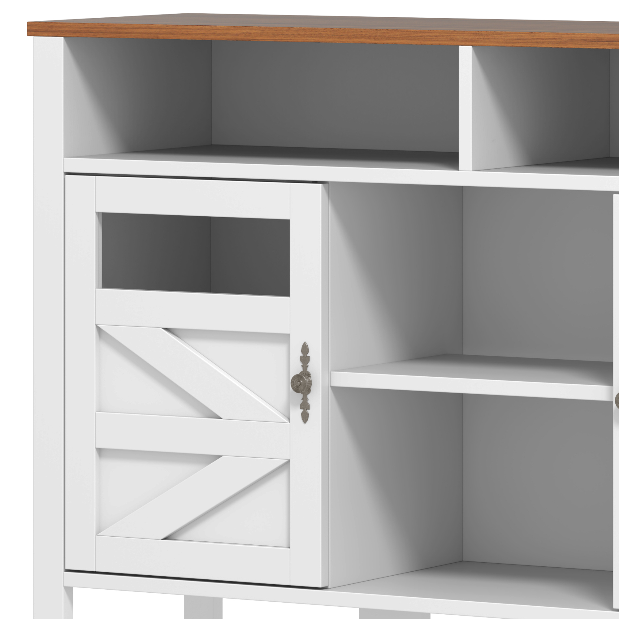 Uforic Farmhouse Coffee Bar Cabinet with Storage & Built-In Power Strip - White & Walnut Buffet Sideboard, 5-Drawer Liquor Bar for Kitchen, Dining Room, Bedroom
