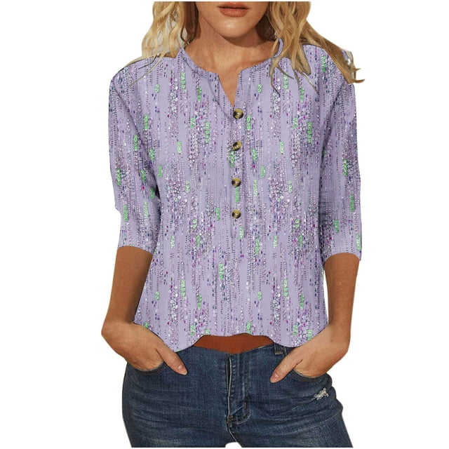 Birdeem T-Shirt Imprimé à Boutons Manches 3/4 pour Femmes Haut Ample