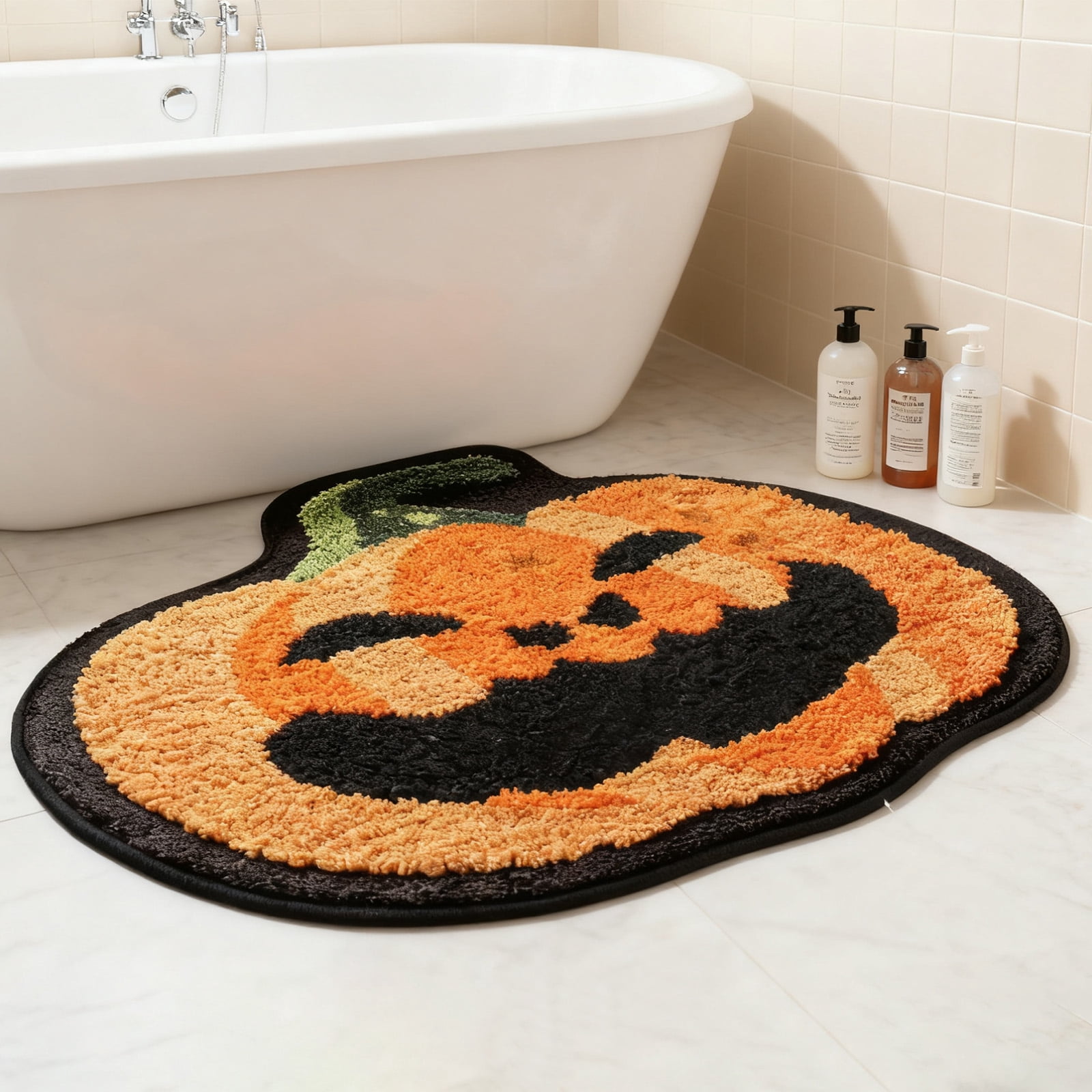 Sanmadrola Halloween Bath Rugs Mat Halloween Decoration Indoor Bath Mat Non Slip Bathroom Shower Rugs Pumpkin Shape Super Absorbent Machine Washable 24''x24''