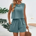 thumbnail image 4 of vigerkar Linen Short Sets for Women Two Piece Matching Casual Sleeveless Tank Top and High Waisted Shorts Summer Outfits Blue, M, 4 of 9