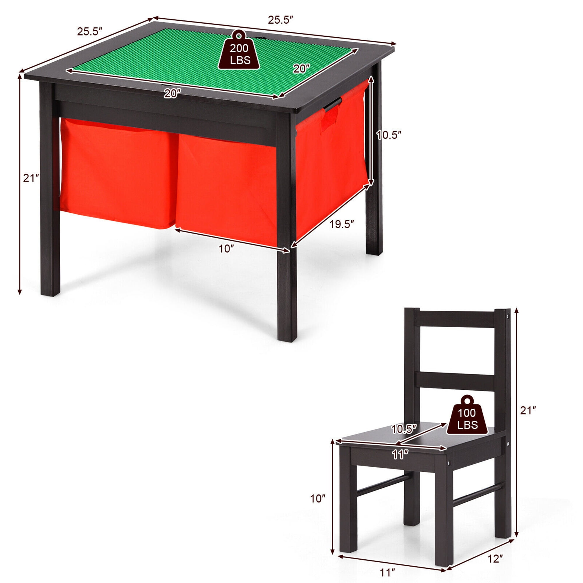 Gymax 2-in-1 Kids Activity Table & 2 Chairs Set w/Storage Building Block Table Espresso