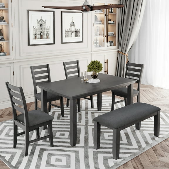 Euroco 6 Piece Dining Table and Chair Set,Farmhourse Kitchen Table Set with Solid Wood Frame,4 Chairs & 1 Bench,Rectangular Dining Table Set for 6
