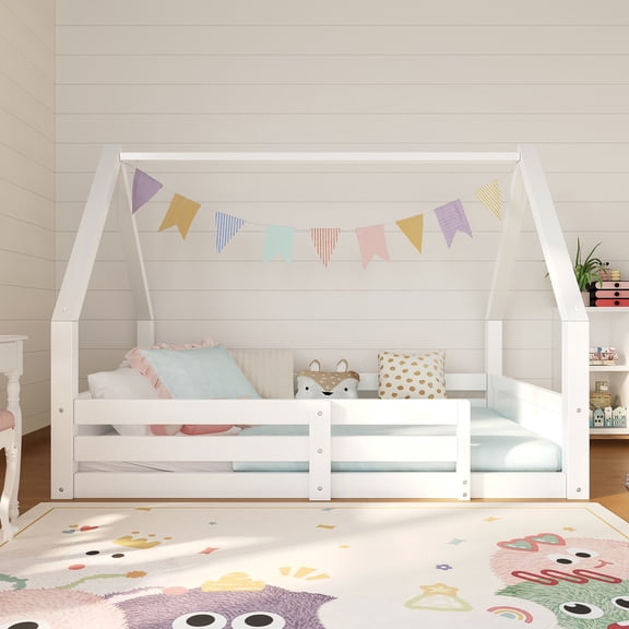 MODERNLUXE Twin Size Wood House Bed, Low Profile Floor Bed with Guardrails, White