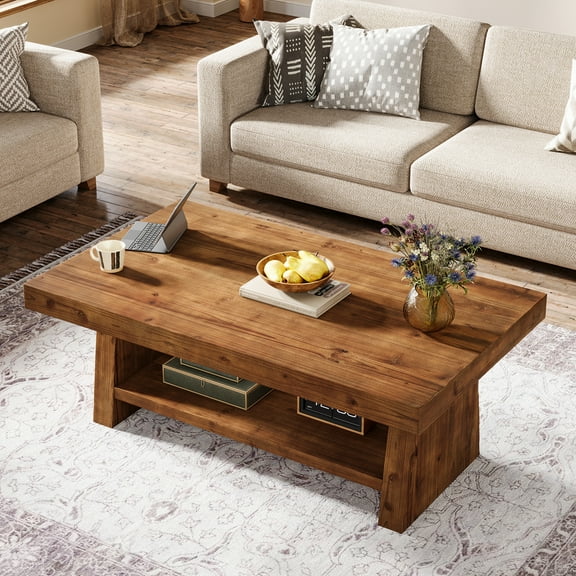 Finmind 2-Tier Solid Wood Coffee Table, 47-Inch Farmhouse Center Table with Storage,Rectangular Tea Table for Living Room, Natural Brown