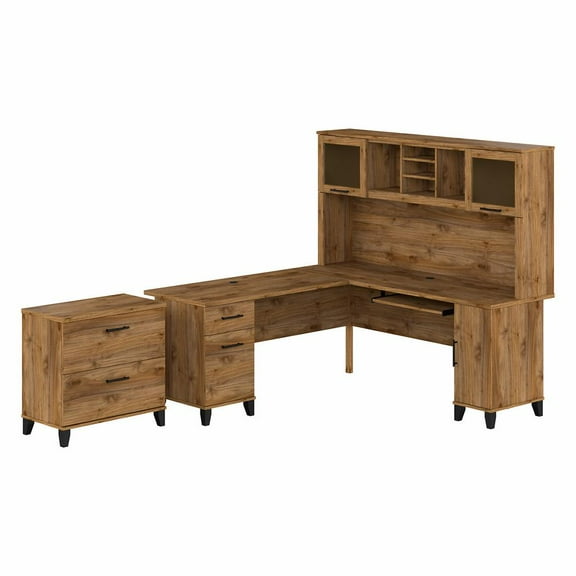 Somerset 72W L Desk with Hutch & File Cabinet in Fresh Walnut - Engineered Wood