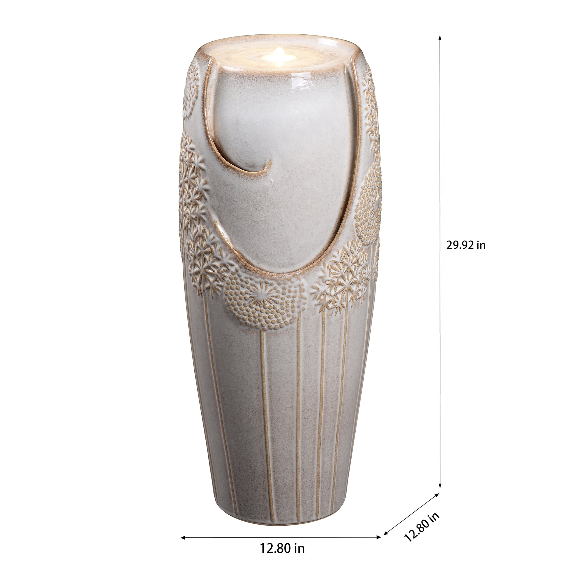 Tall Ivory Ceramic Floral Cascade Fountain, Decorative Water Fountain with LED Lights and Quiet Pump, Indoor Outdoor Water Feature for Patio, Garden, Deck, Balcony, Office and Home Décor