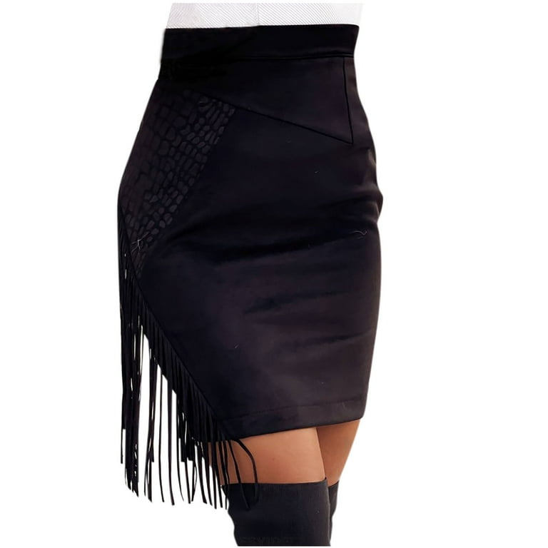 Black faux leather fringe pencil clearance skirt