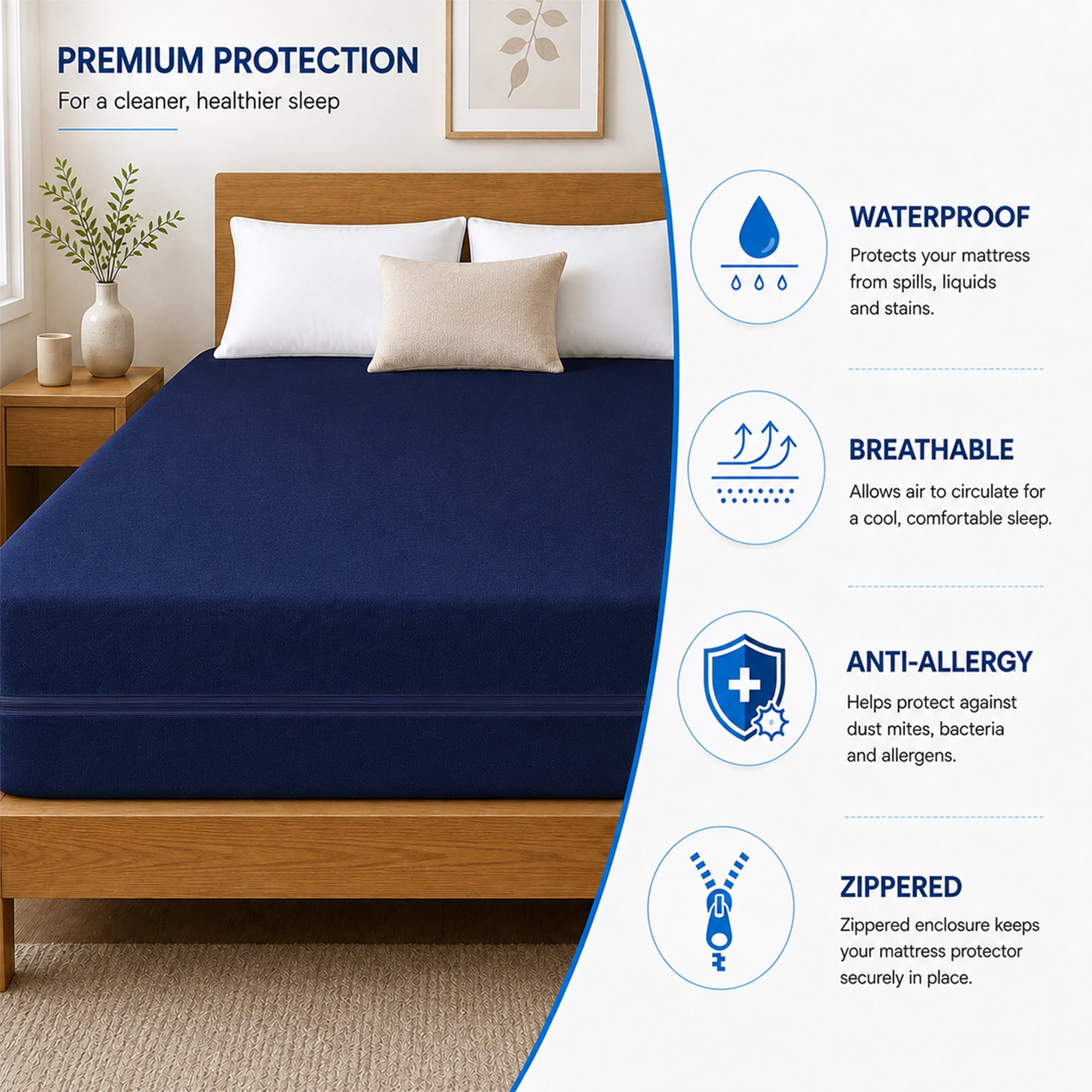 Continental Sleep, Zippered Mattress Protector Cover, Waterproof, Easy to Clean, Fits Mattress up to 9-Inch, Twin, Blue