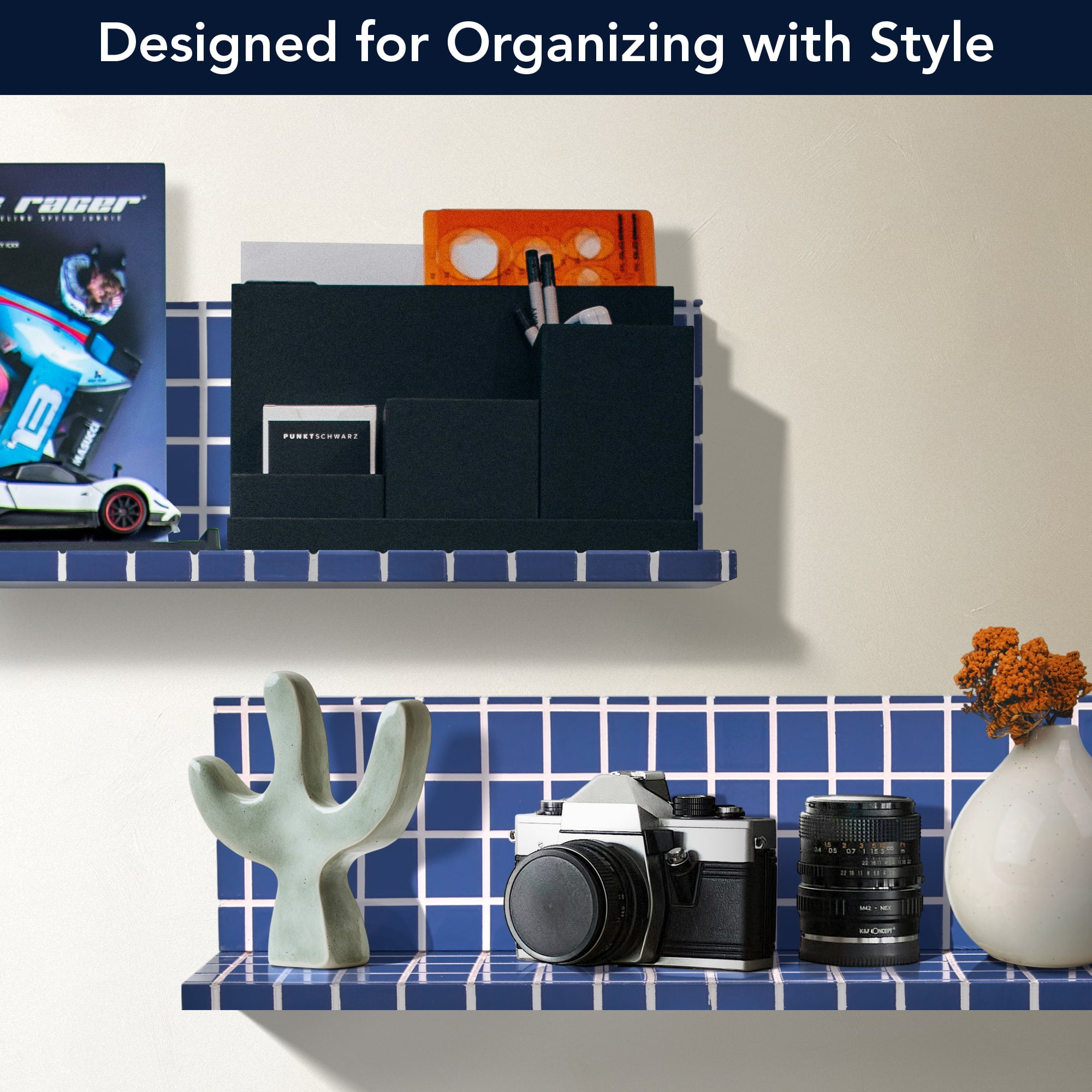 American Art Decor 2pc Stylish Retro Wavey Tile Floating Shelves for Wall & Storage - Blue