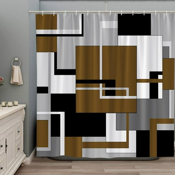 Brown Shower Curtain Black White Gray Geometric Abstract Mid Century Modern Minimalist Fashion Home Fabric Bathroom Decor Set Include Hooks 72Wx72H Inch