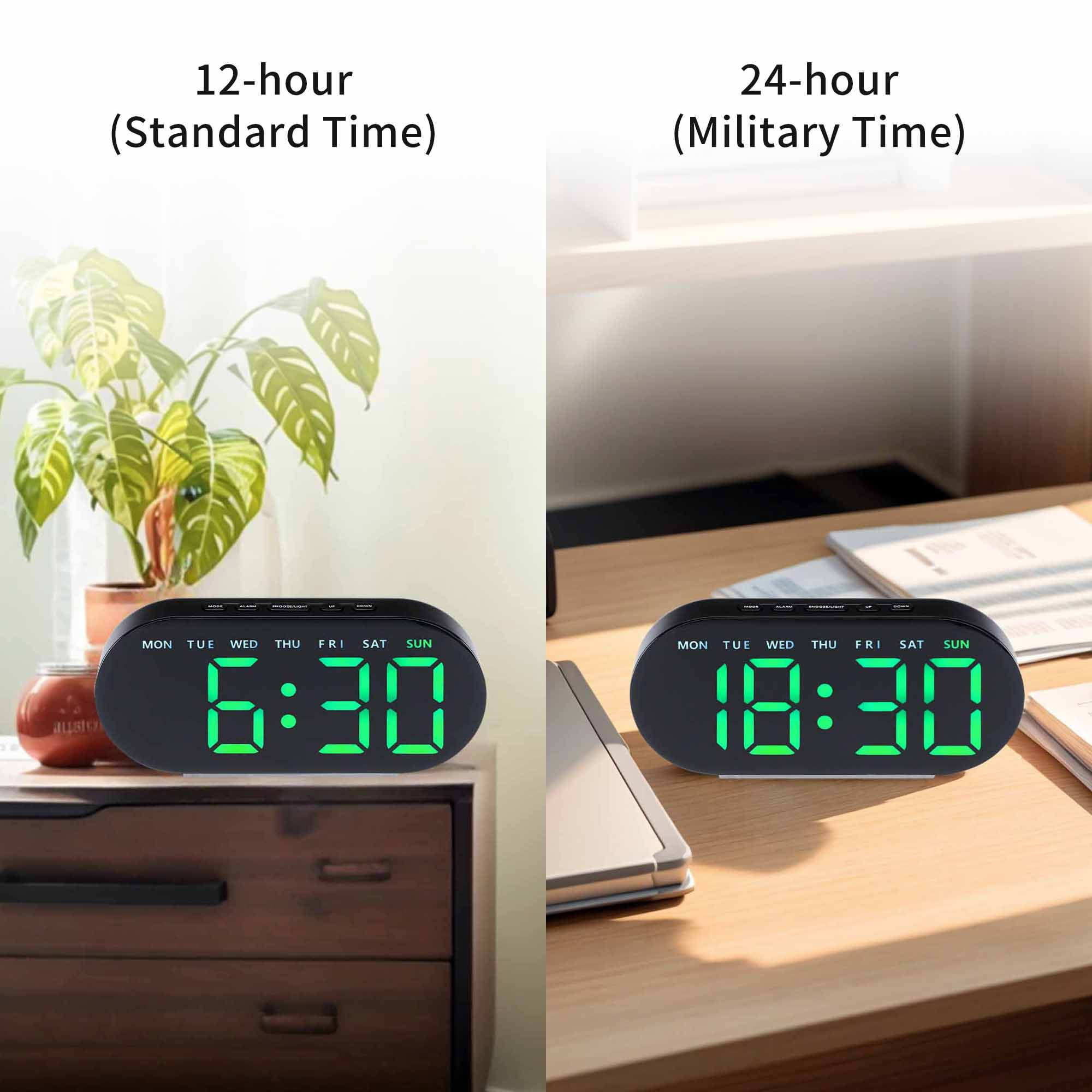 Unique Bargains 2 Pcs Oval Digital Alarm Clock Bedroom Black Blue/White Blue