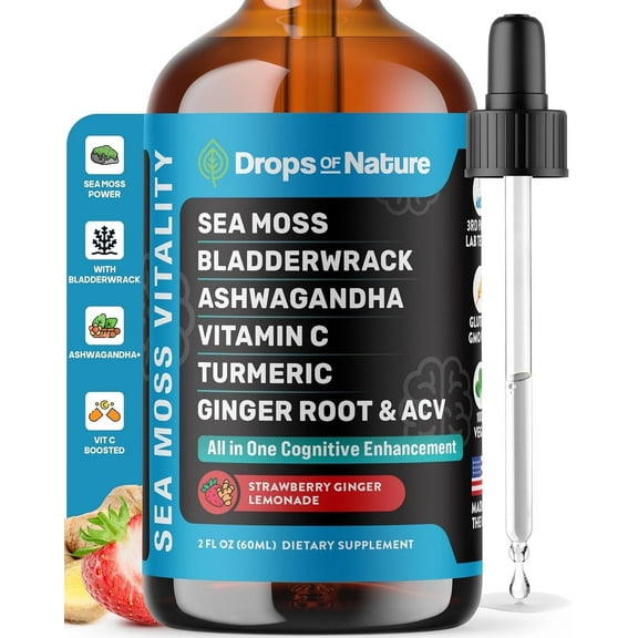 Drops of Nature Sea Moss & Ashwagandha Liquid Supplement, Cognitive Support, Mixed Berry, 2 fl oz