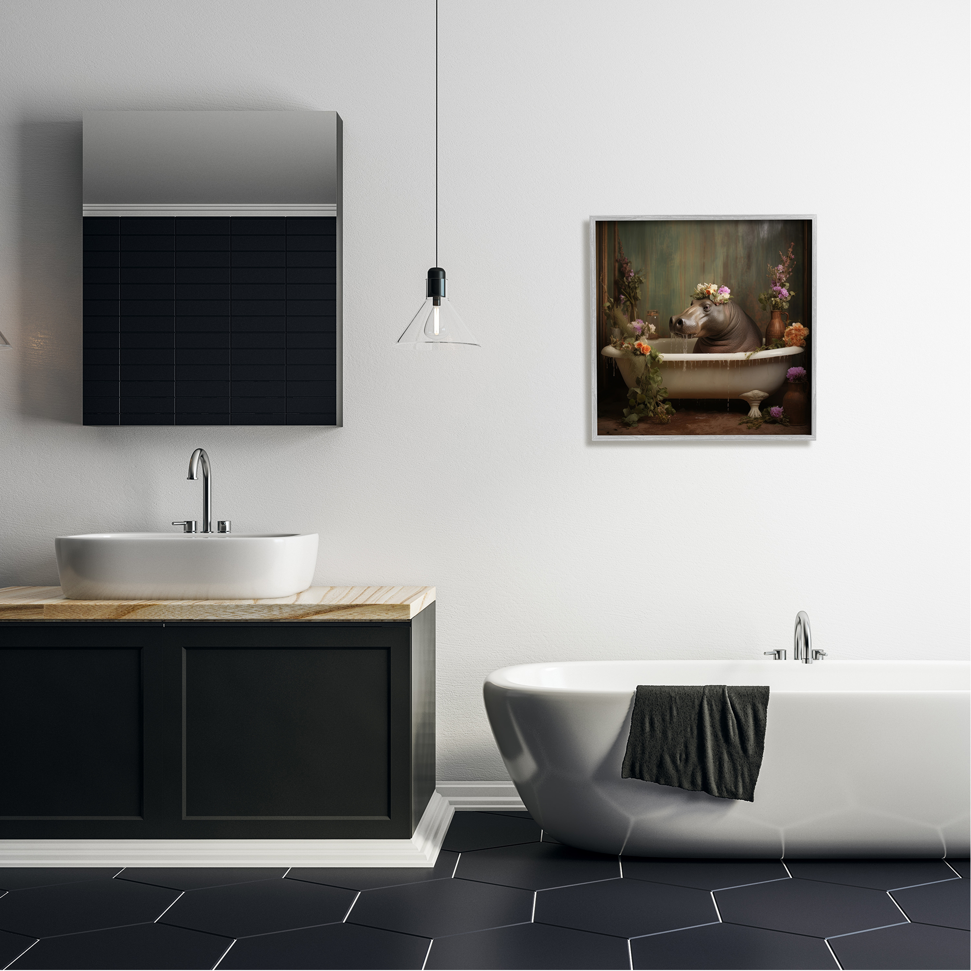 Stupell Industries Vintage Hippo Bathtub Animals & Insects Painting Gray Framed Art Print Wall Art, 24 x 24