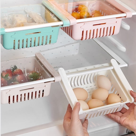 Adjustable Refrigerator Storage Organizer Expandable Plastic Fridge Shelf Basket Space-Saving Kitchen Drawer, Pink