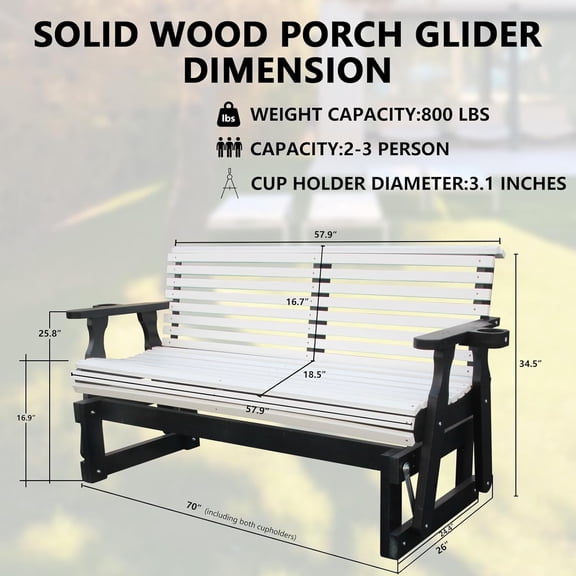 Beneouya Wooden 5FT Glider Bench, Heavy Duty 800 LBS Outdoor Glider with High Roll Back Pressure Treated and Deep Contoured 2-Seater for , Balcony, Porch, White and Dark Grey