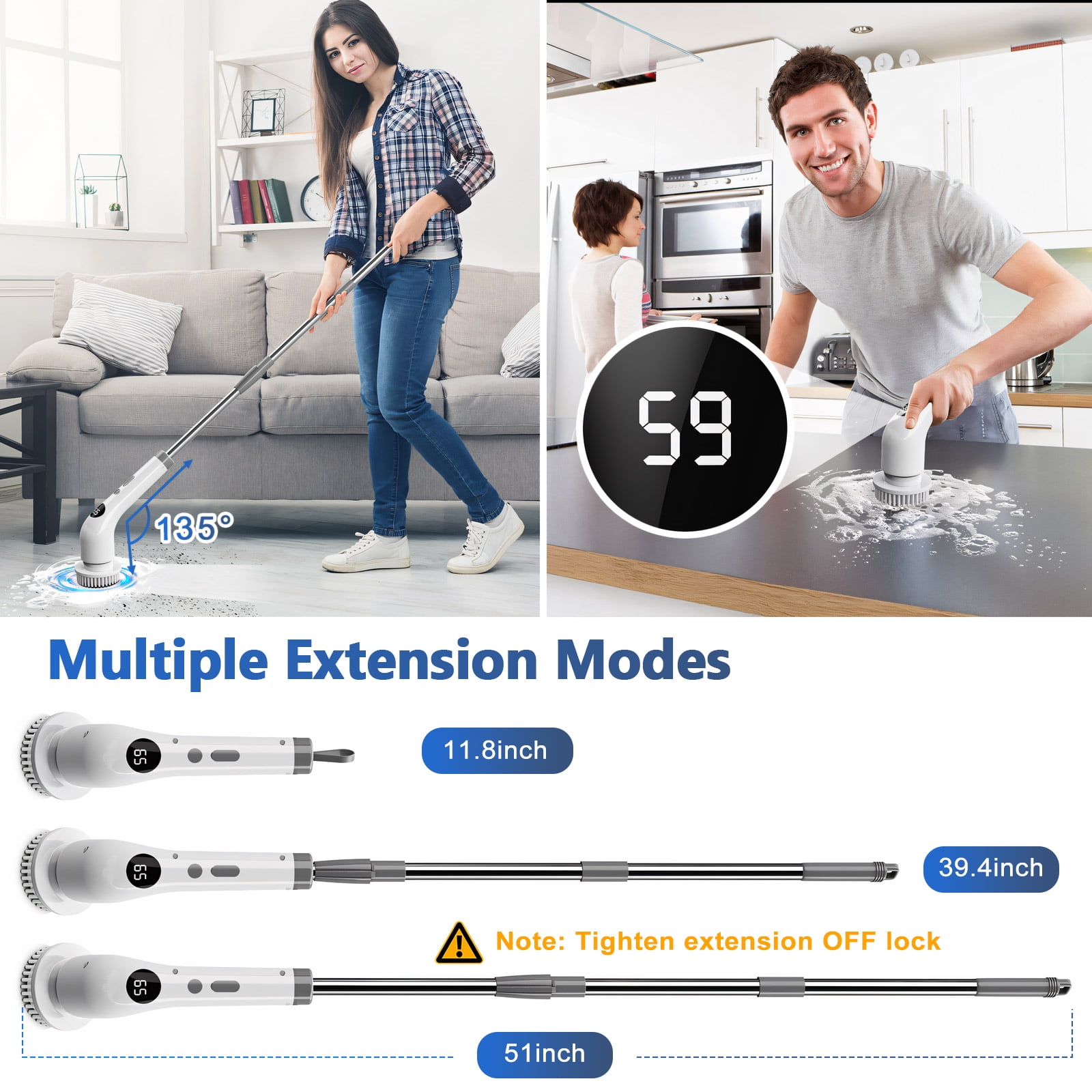 Amiluo Electric Spin Scrubber, Cordless Bathroom Cleaning Brush, Power Scrubber with Extension Handle & 7 Replaceable Heads for Shower Tub Tile Floor
