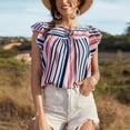thumbnail image 2 of Camiseta de verano azul oscuro con cuello redondo y lazo, talla M, camiseta con mangas con volantes y rayas verticales, 2 of 6