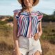 thumbnail image 2 of Camiseta de verano azul oscuro con cuello redondo y lazo, talla M, camiseta con mangas con volantes y rayas verticales, 2 of 6