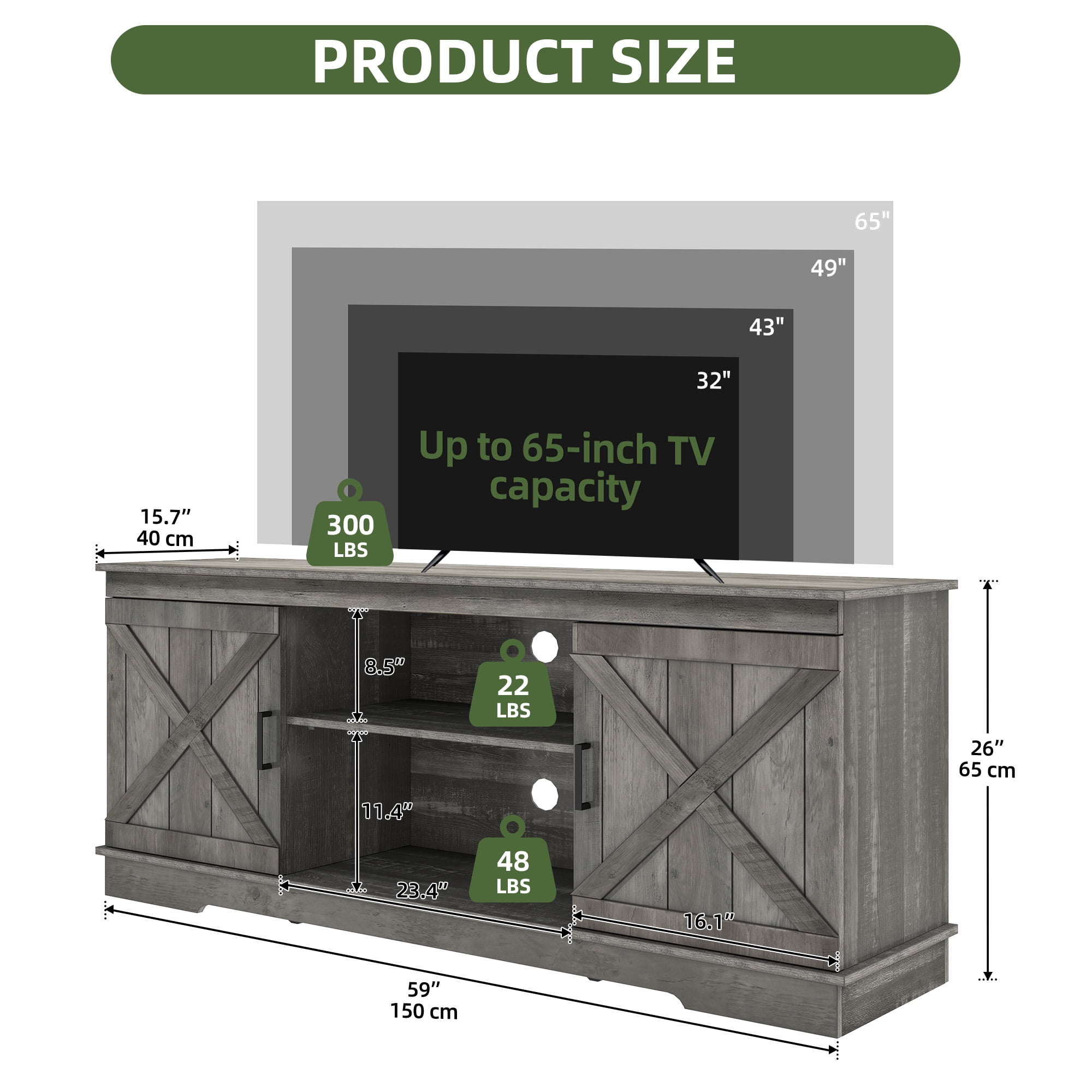 Uforic Farmhouse TV Stand for up 65" TVs, Entertainment Center Console Table for Living Room, Gray