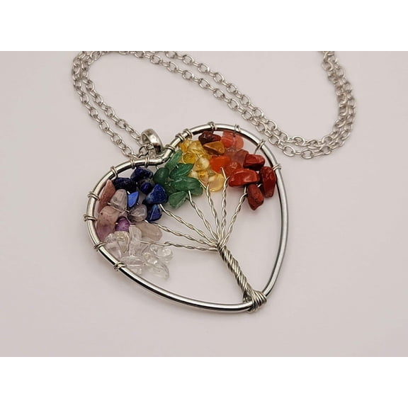 7 Chakras Necklace Silver tone Gemstone Chip Tree of Life