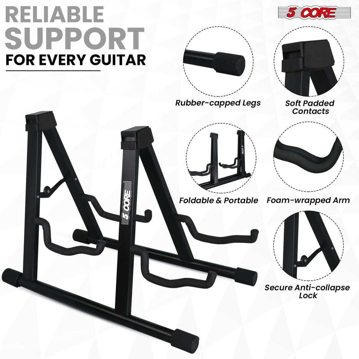 5 Core Double Guitar Stand A-Frame with Foam Arms & Non-Slip Rubber – Fits Acoustic, Electric, Bass, Ukulele, Banjo – Yellow