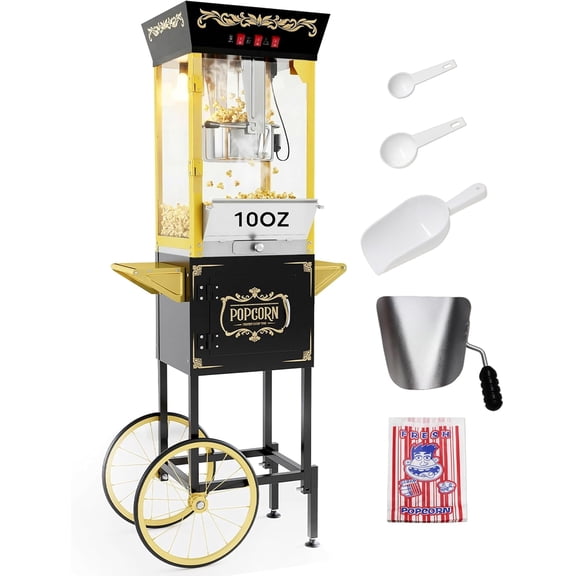 PopBria Popcorn Machine with Cart, Authentic 10oz Movie Theater Style Popcorn Maker with Warming Deck, 850W Vintage Standing Popcorn Machine for Home, Parties, Gift (Black and Gold)