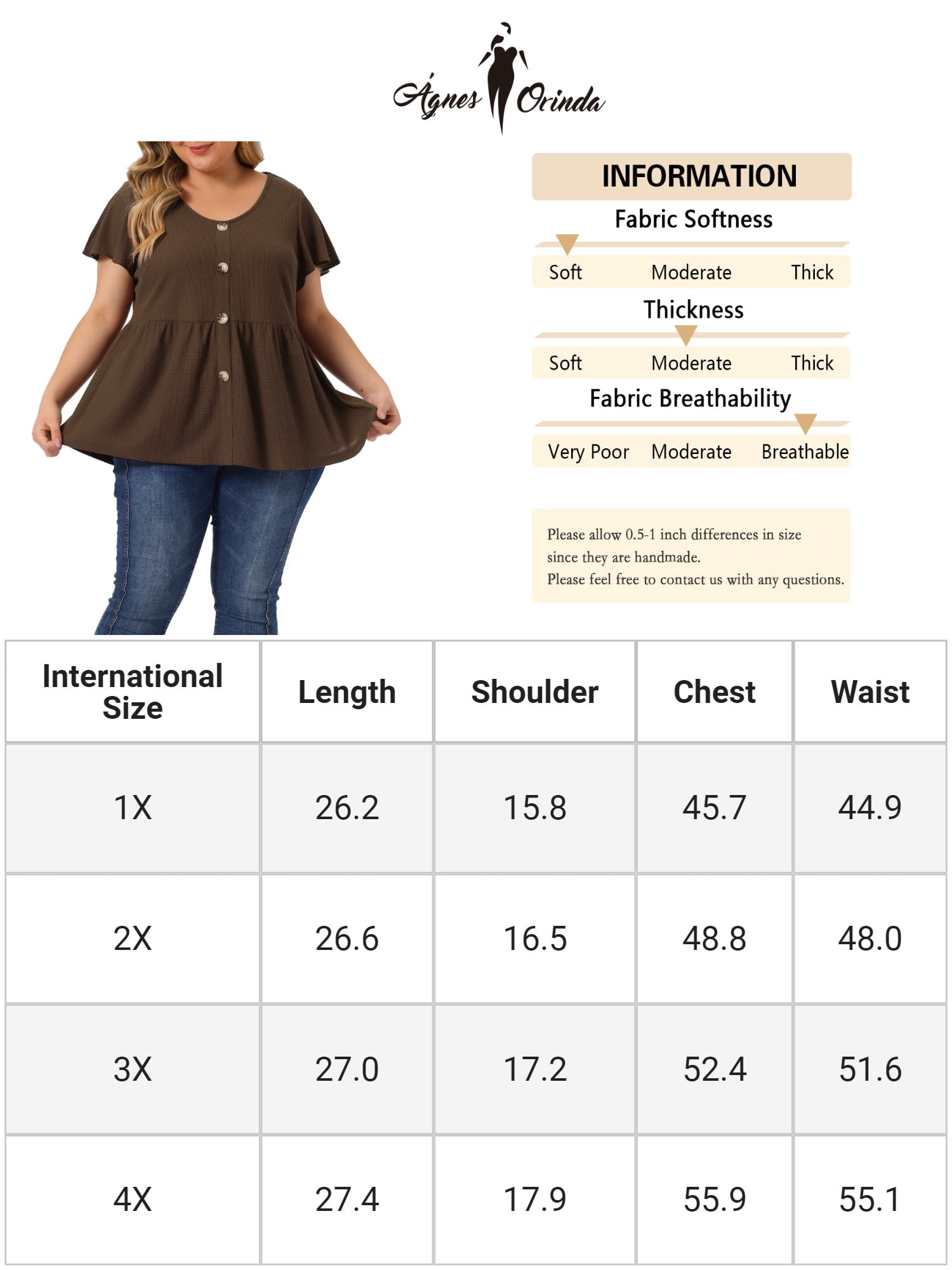 Unique Bargains Women's Plus Tops Button Front Shirts Peplum Blouse 3X Coffee