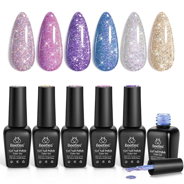 Kit de esmaltes de uñas Beetles Reflective Glitter, 6 colores, 7,5 ml
