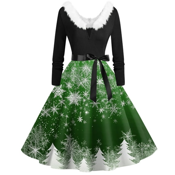 Women's Fashion V-Neck Casual Slim Christmas Printed Long Sleeve Hair Collar Dresses for Elegant Holiday Events and Parties,Green,3XL