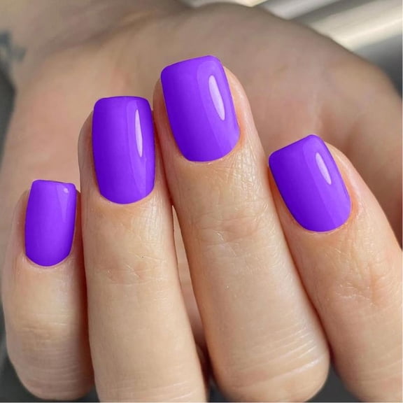 24 Pcs Solid Color False Nail Short Square Press On Nail Purple Stick on Nail