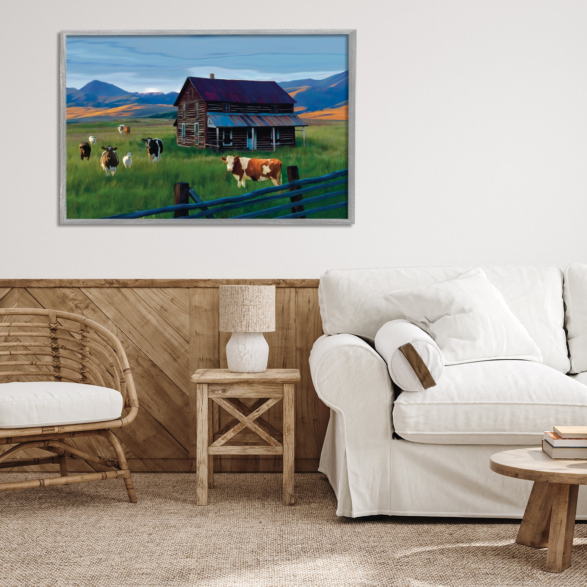 Stupell Industries Grazing Cattle at Solitary Cabin Gray Framed Giclee Art, design by Renel Peters