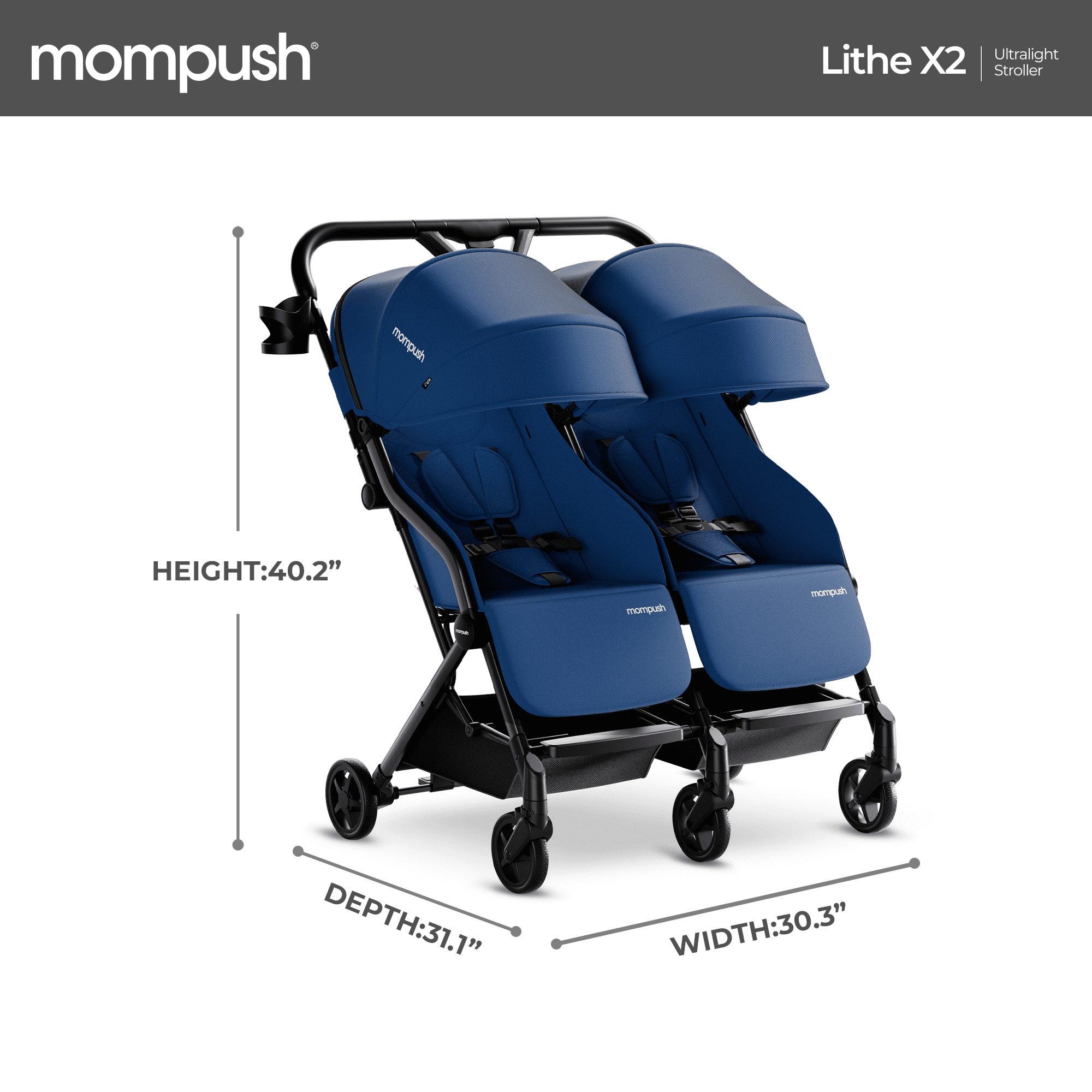 Mompush Lithe Double Stroller with Two Large Individual Side by Side Recline Seat, Navy, 24.5LB, Unisex