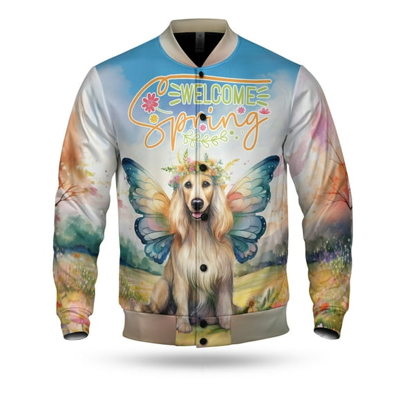 Welcome Spring Fairy Afghan Hound in Flower Meadow All Over Print 3D Baseball Jacket Dog Lover Bomber Jacket Softball - 13002