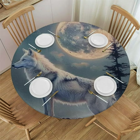 

Patifu Wolf Full Moon Trees Round Table Cover Stain Resistant Washable Indoor Outdoor Tablecloth Kitchen Dining Wedding Parties Picnic Farmhouse 100% Polyester Fiber 42-46