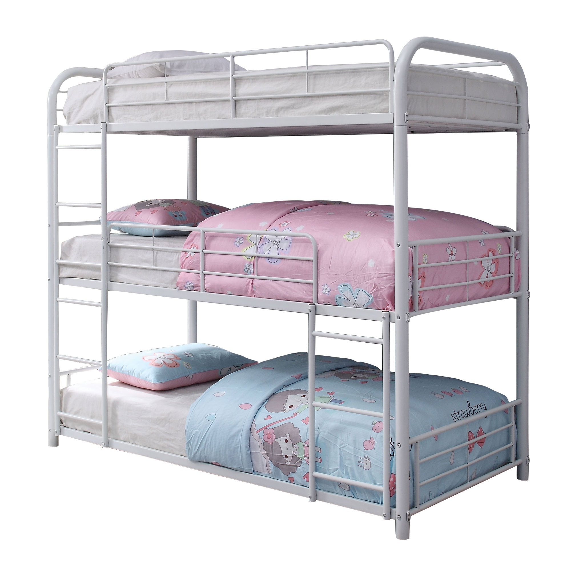Metal Triple Twin over Twin Size Bunk Bed with Built In Ladders, White