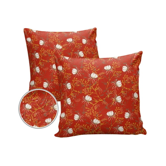 Pack of 2 Outdoor Pillow Covers, Retro Flower Red Snowdrops Waterproof Square Throw Pillowcase Cushion Decorative Pillow Covers for Couch Patio Tent, 16x16 in