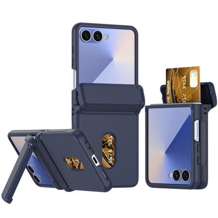 Compatible with Samsung Galaxy Z Flip 7 FE/6 Phone Case,With Card Slot,Contractile Kickstand,Spring Hinge Closure,Shockproof Ultra Slim Anti-Scratch Durable Rugged Phone Case,Darkblue