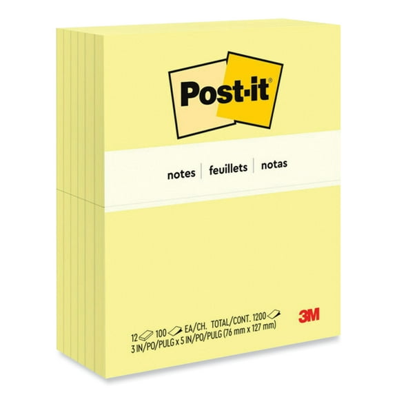 Post-it Original Pads in Canary Yellow, 3" x 5", 100 Sheets Per Pad, 12 Pads Per Pack