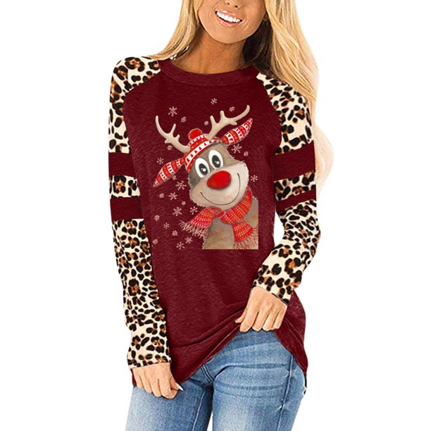 Pntutb Mujeres Navidad Leopardo Manga Larga O-Cuello Impreso Casual tops Camiseta Pntutb Pntutb-6480