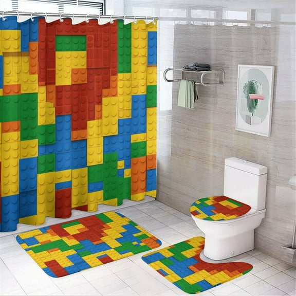 Building Blocks Construction Brick Shower Curtain Set Modern Bathroom Decor Mats 4pcs Fabric Bathroom Curtain Slip Floor Rug Toilet Lid