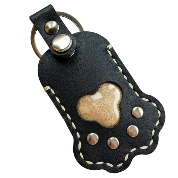 Black Black Leather Pet Memorial Keychain With Paw Design For Hair Storage