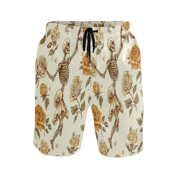 Flowers and Skulls Small Size Men's Lightweight Beach Shorts with Mesh Lining, Quick Dry