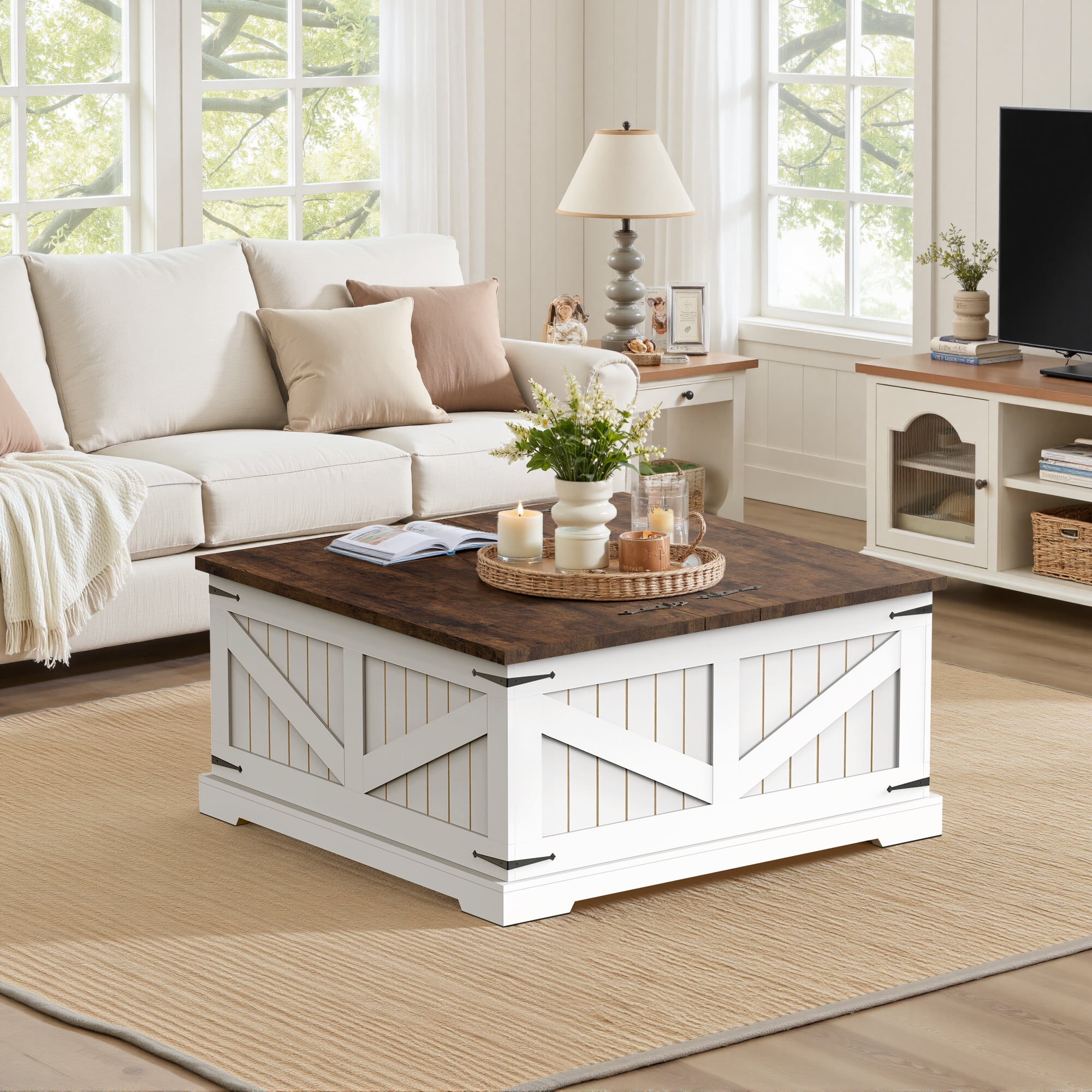 Spanspace Farmhouse Coffee Table with Storage, 31.5" Square Center Table with Dual Flip-Top Lids and Hidden Compartment, Rustic Wood Coffee Table for Living Room, Bedroom, Home Office, White