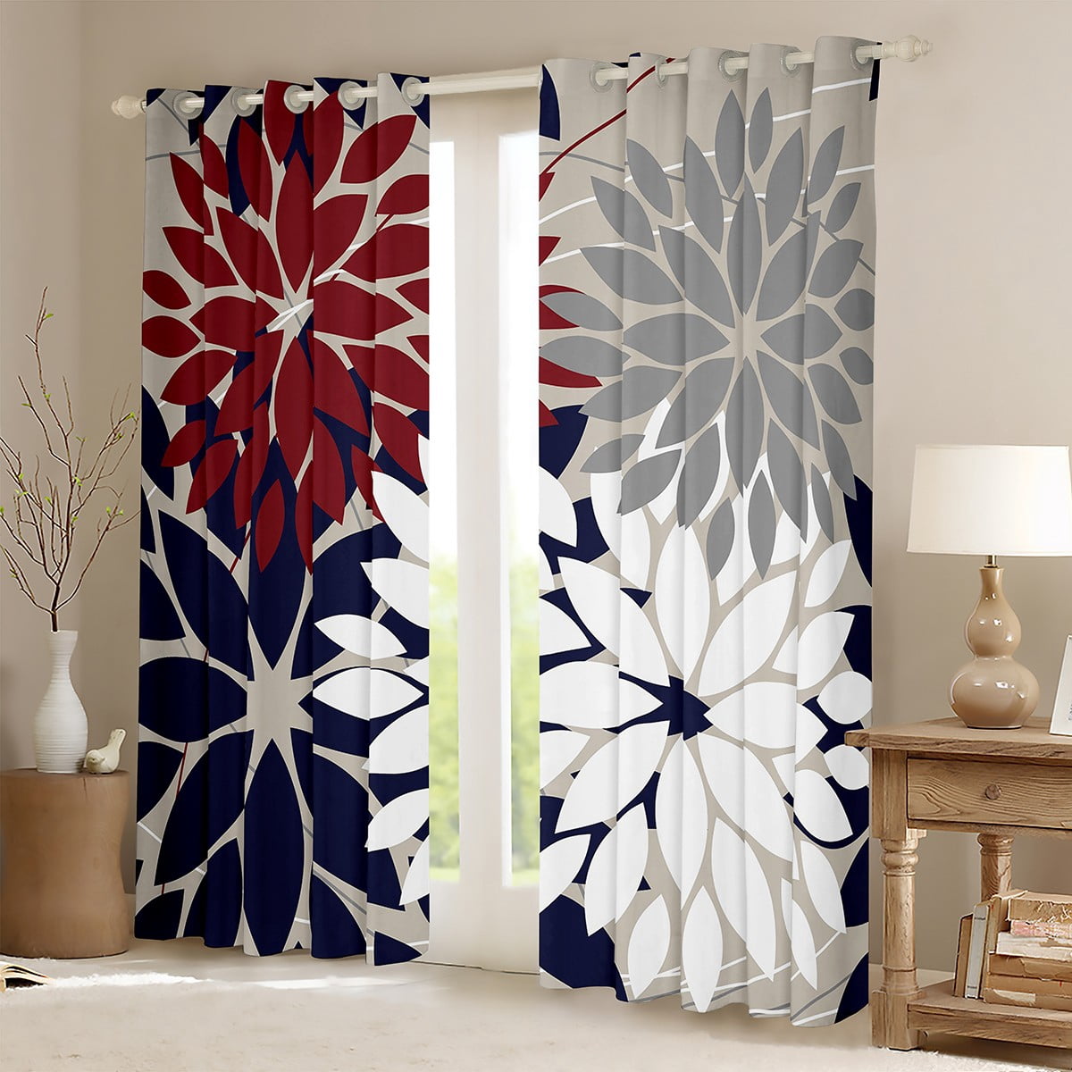 Manfei Flower Floral Curtains Pack of 2 (38x45),Boho Dahlia Black Out Curtains,Blue Gray White Curtains for Living Room,Ultra Soft Bedroom Decoration