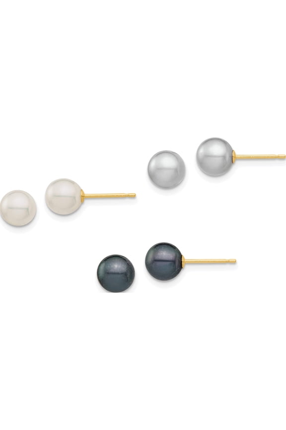 14K Yellow Gold 6-6.5mm White/Grey/Black Round Fwc Pearl 3 Pair Stud Post Earrings Set Made In Canada xf691eset