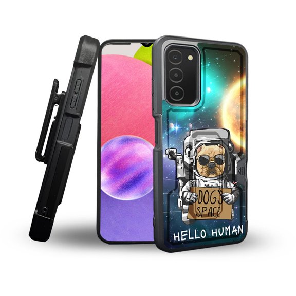 ANJ  Rugged Shockproof Holster Case Card Slot Kickstand   Tempered Glass Cover for Samsung Galaxy A03s - Space Dog