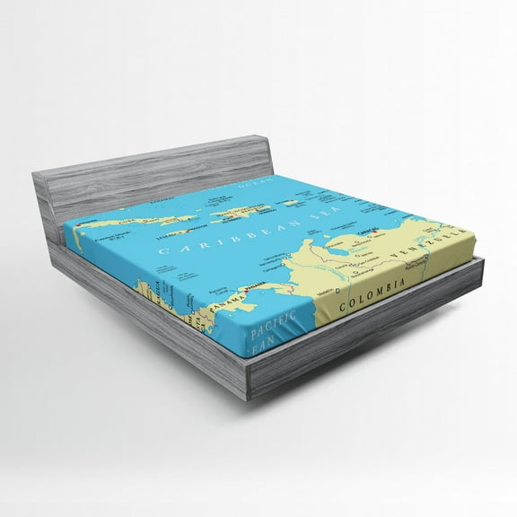 Ambesonne Travel Fitted Sheet, Caribbean Capitals Map, Queen Size, Blue Ivory