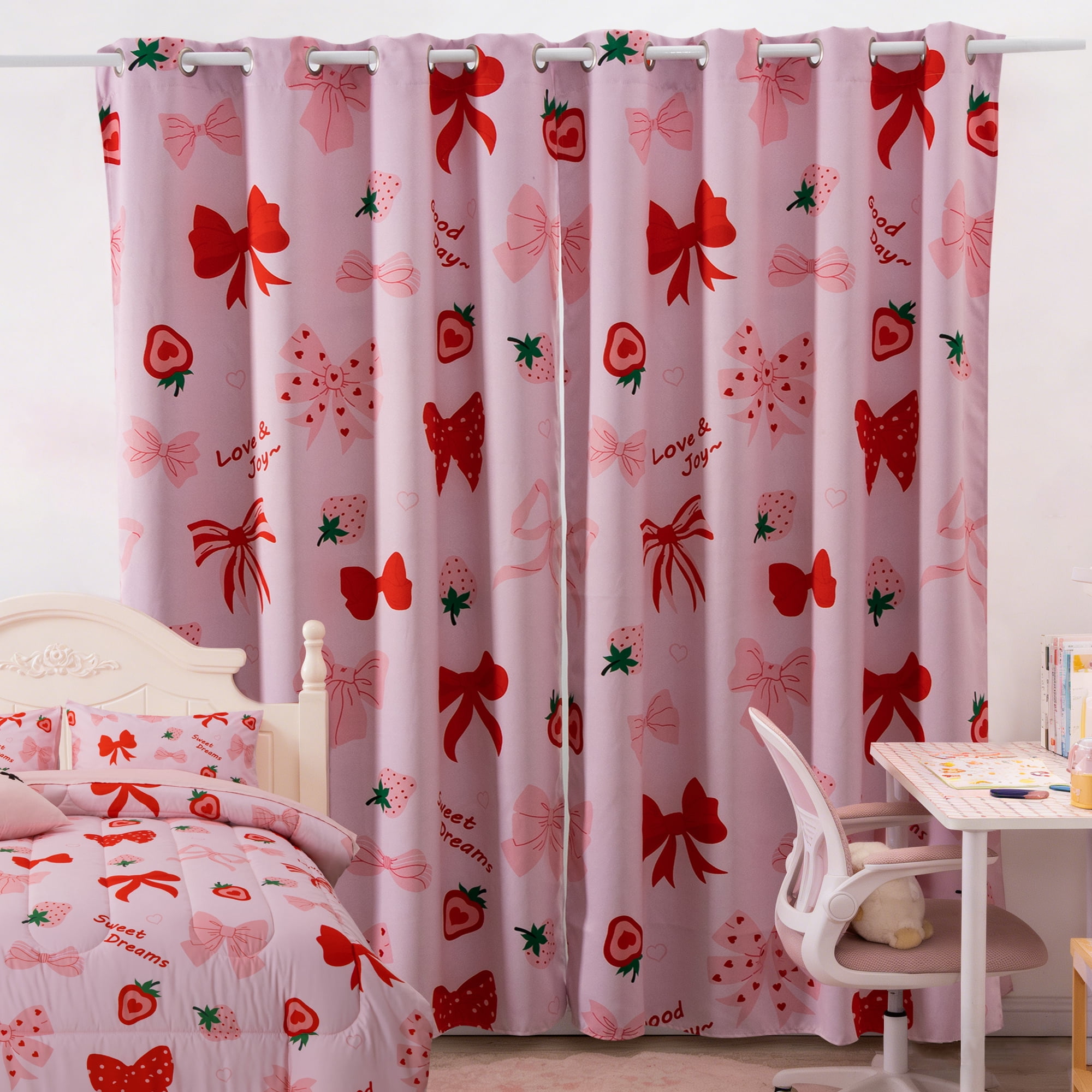 Btargot Blackout Curtains 2 Panels Thermal Insulated Grommet Strawberry Bows Window Curtains for Girls Bedroom 52 X 63 inch
