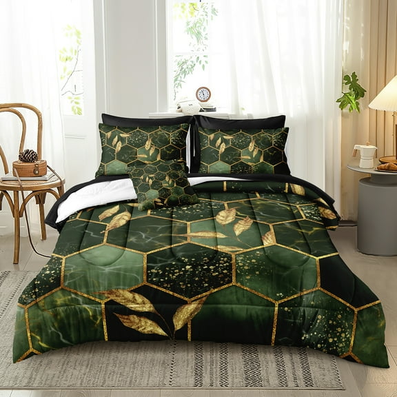 Green and Gold Queen Comforter Set with Sheets,8 Pieces Geometric Bedding Set,Abstract Marble Texture Background Modern Geometric Comforter Set,Queen Bed in a Bag Set for All Season